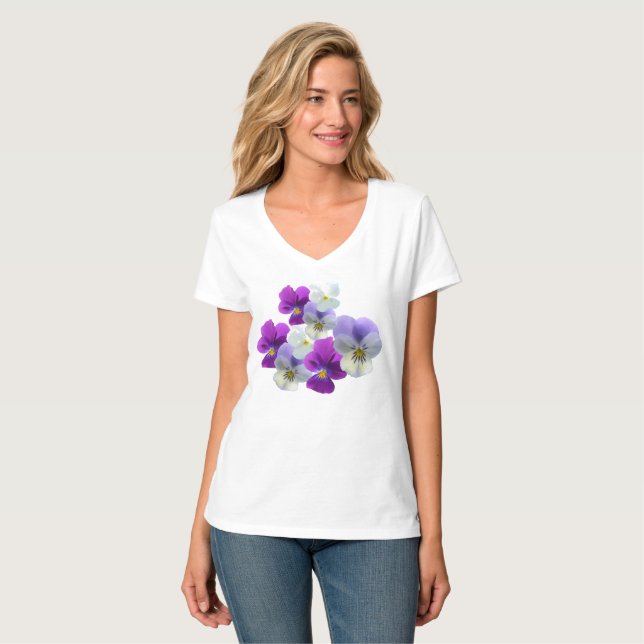 Purple and White Pansies V-neck T-Shirt (Front Full)