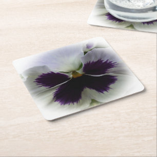 Purple and white pansy square paper coaster