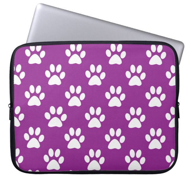 Purple and white paw prints pattern laptop sleeve (Front)