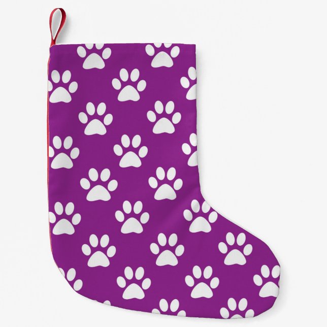 Purple and white paw prints pattern small christmas stocking (Front)
