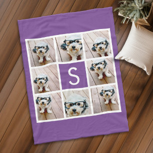 Purple and White Photo Collage Custom Monogram Fleece Blanket