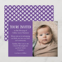 Purple and White Polka-dot Photo Baby Blessing Inv