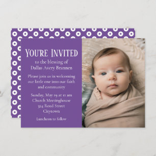 Purple and White Polka-dot Photo Baby Blessing Inv Invitation
