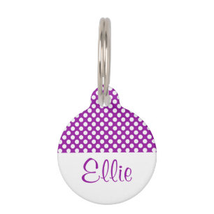 Purple And White Polka Dots With Name And Number Pet Tag