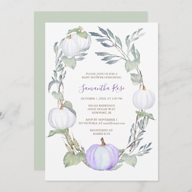 Purple and WHITE PUMPKIN Greenery BABY Shower Invitation (Front/Back)