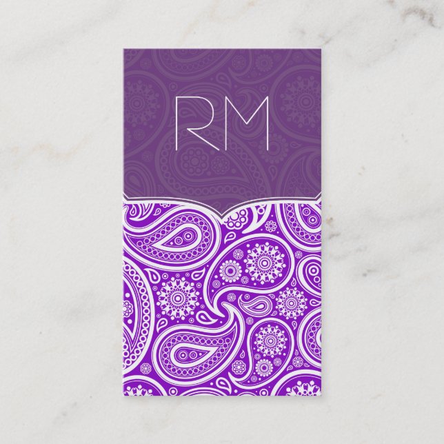 Purple And White Retro Paisley Ham Pattern Design Business Card (Front)