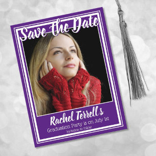 Purple and White Save the Date Graduation Announcement Postcard