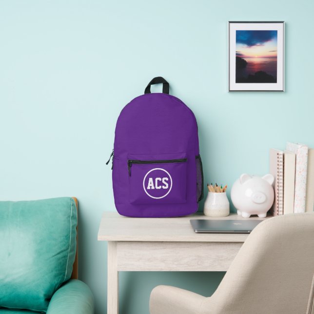 Purple and White School Colours and Letters Printed Backpack (Insitu)