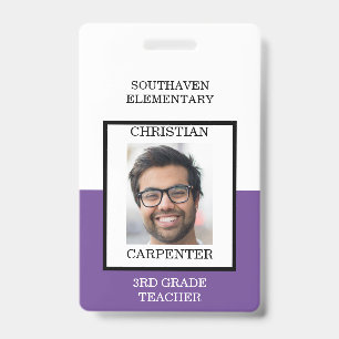 Purple and White School Photo Teacher ID Badge