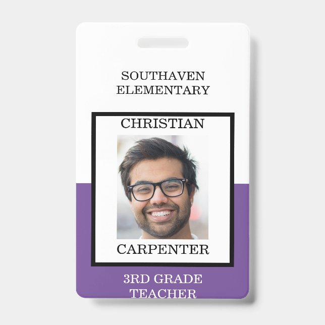 Purple and White School Photo Teacher ID Badge (Front)