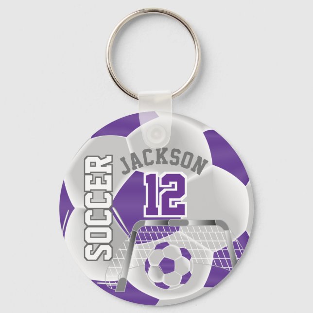 Purple and White Soccer ⚽ Ball  Sport Key Ring (Front)