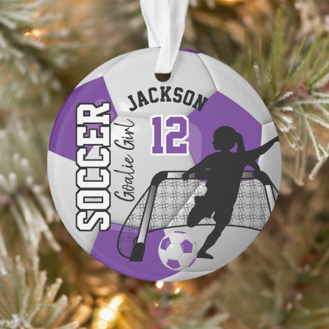 Purple and White Soccer Goalie Girl Ornament (Tree)