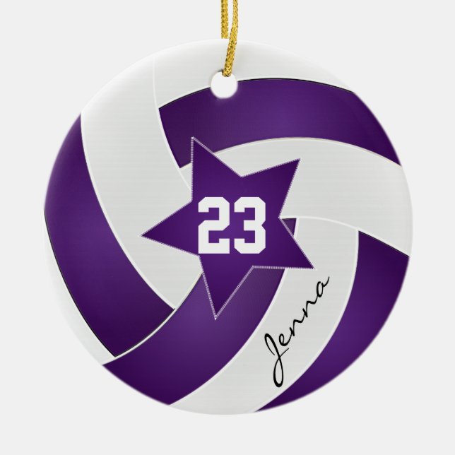 Purple and White Star Volleyball Ceramic Tree Decoration (Front)