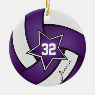 Purple and White Star Volleyball Ceramic Tree Decoration