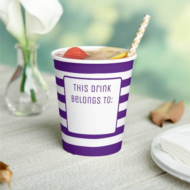 Purple and White Striped "This Drink Belongs To" Paper Cups (Insitu)