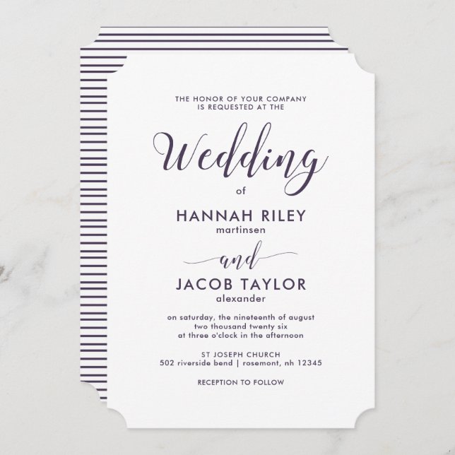 Purple and White Stripes with Calligraphy Wedding Invitation (Front/Back)