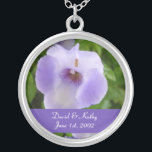 Purple and White Torenias Flower Necklace<br><div class="desc">These are Purple and White Torenias flowers.  Makes a great gift for a loved one. Names and Date can be changed to your own. Just enter them in the text boxes to the right. Check out my other necklaces in my store.</div>