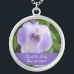 Purple and White Torenias Flower Necklace<br><div class="desc">These are Purple and White Torenias flowers.  Makes a great gift for a loved one. Names and Date can be changed to your own. Just enter them in the text boxes to the right. Check out my other necklaces in my store.</div>