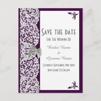 Purple and white traditional lace save the date announcement postcard