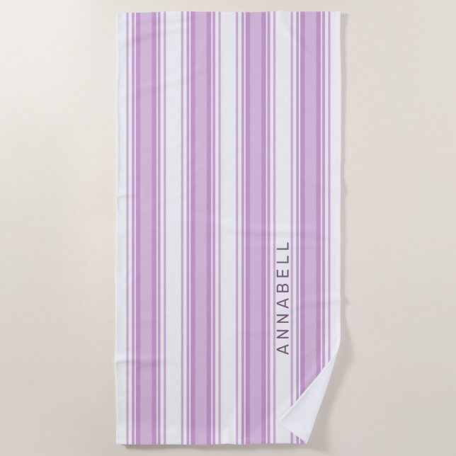 Purple and white vertical stripes custom name beach towel (Front)