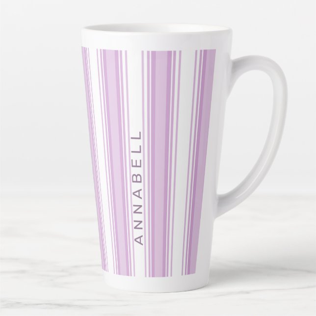 Purple and white vertical stripes custom name latte mug (Right)