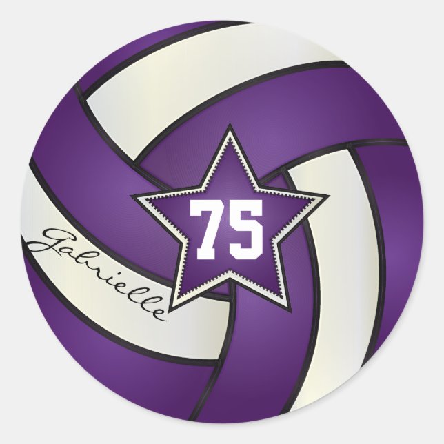Purple and White Volleyball | DIY Name & Number Classic Round Sticker (Front)