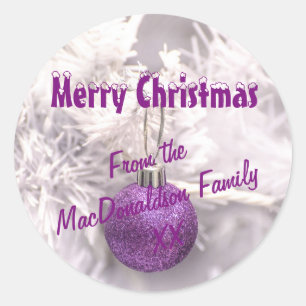 Purple and white Xmas tree bauble Merry Christmas Classic Round Sticker