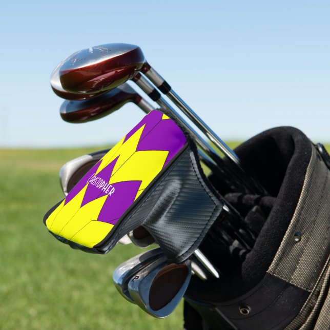 Purple And Yellow Art Deco Design Golf Head Cover (In Situ)