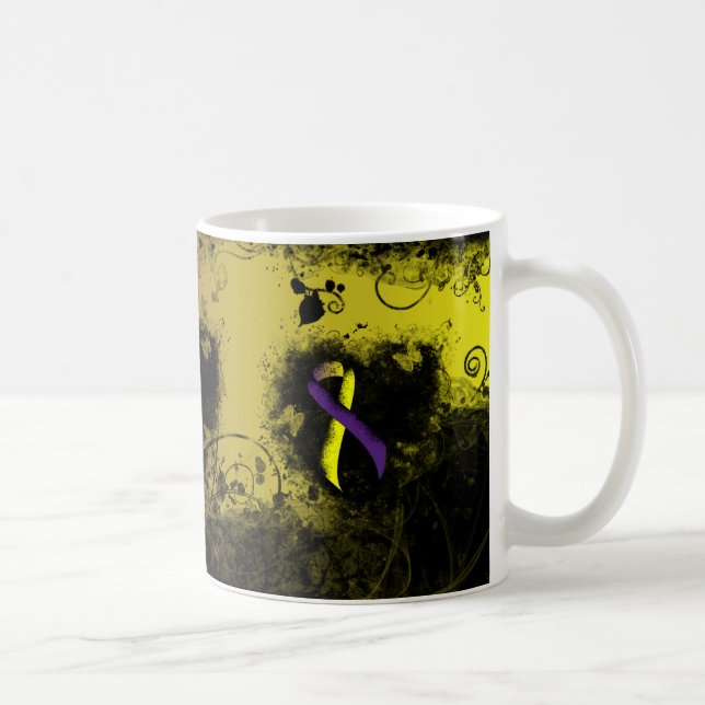 Purple and Yellow Awareness Ribbon Grunge Heart Coffee Mug (Right)