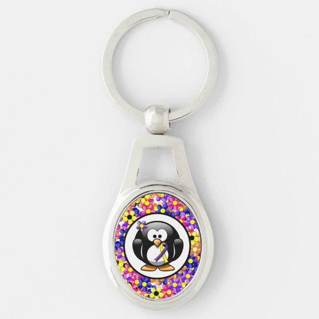 Purple and Yellow Awareness Ribbon Penguin Key Ring (Front)