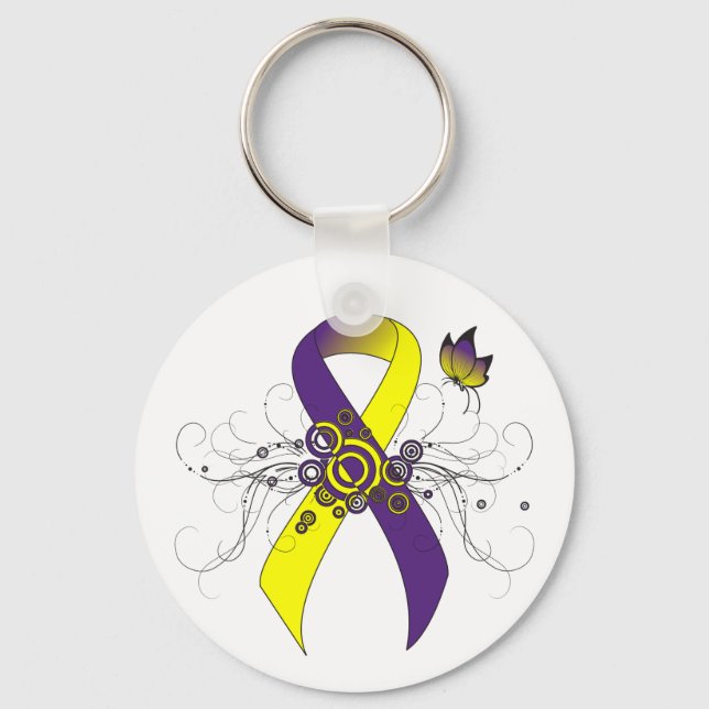 Purple and Yellow Awareness Ribbon with Butterfly Key Ring (Front)