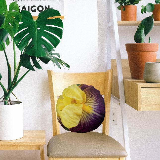 Purple and Yellow Bearded Iris Floral Round Cushion (In Situ Chair)