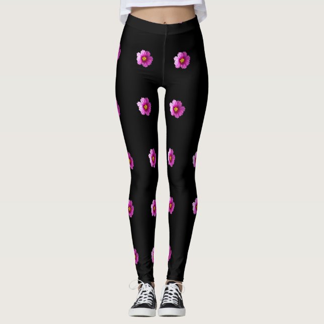Purple and yellow Cosmos flowers on black leggings (Front)