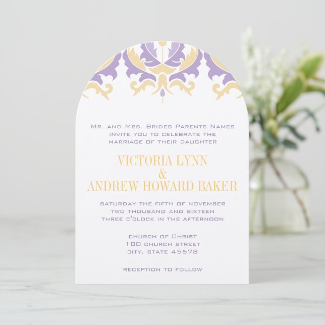 Purple and Yellow Damask Wedding Invitation (Standing Front)