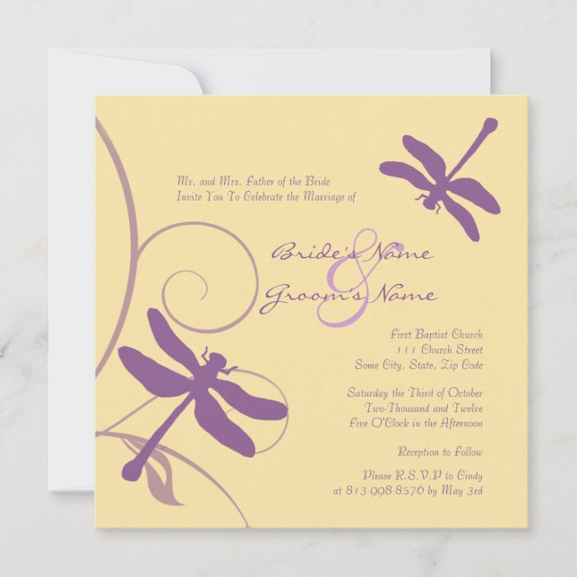 Purple and Yellow Dragonfly Wedding Invitation (Front)