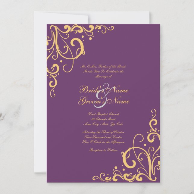 Purple and Yellow Flourish Wedding Invitation (Front)
