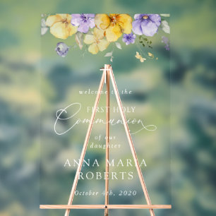 Purple and Yellow Flowers, First Communion Welcome Acrylic Sign