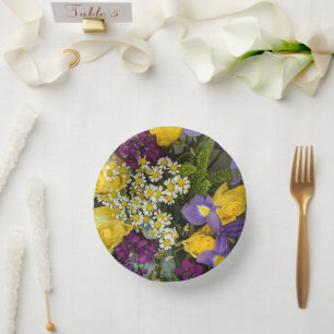 Purple and yellow flowers paper plate