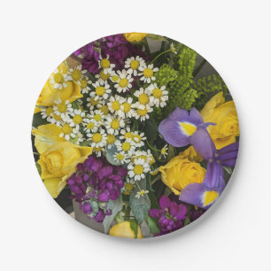 Purple and yellow flowers paper plate