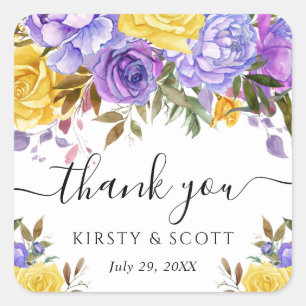 Purple and Yellow Flowers Wedding Square Sticker