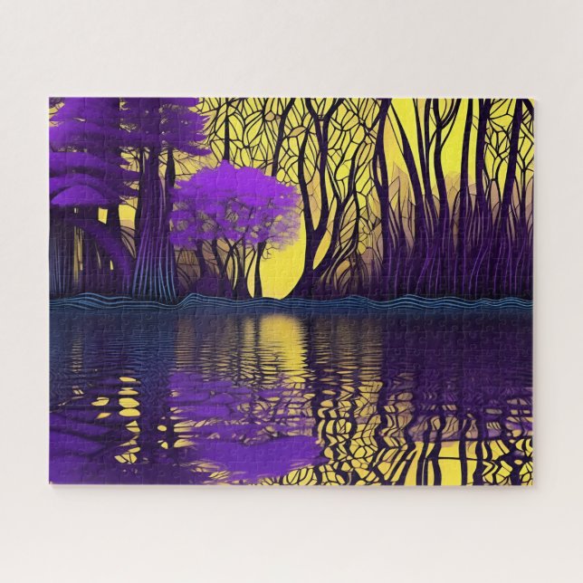 Purple and Yellow Forest Reflection on Water Jigsaw Puzzle (Horizontal)
