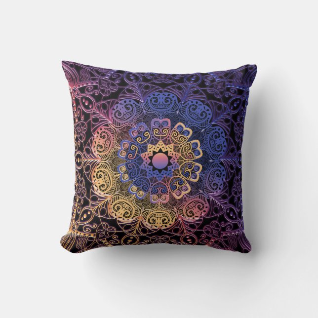 Purple and yellow mandala: hand-drawn design cushion (Front)