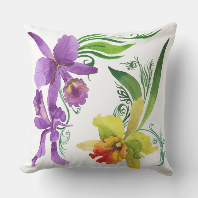 Purple and Yellow Orchid Flowers Watercolour Cushion (Front)