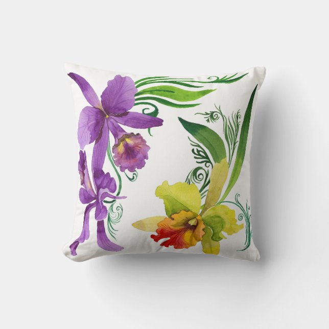 Purple and Yellow Orchid Flowers Watercolour Cushion (Front)