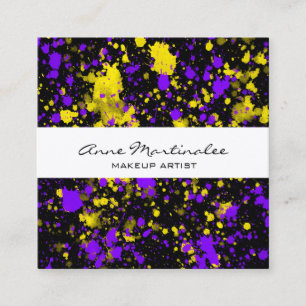 Purple and Yellow Paint Splatter on Black Square Business Card