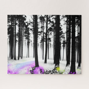 Purple and Yellow Run into Black Silhouette Forest Jigsaw Puzzle