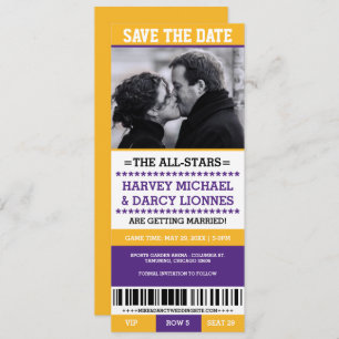 Purple and Yellow Sports Ticket Save the Date Invitation