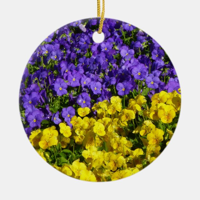 Purple and Yellow Violas Colourful Floral Ceramic Tree Decoration (Front)