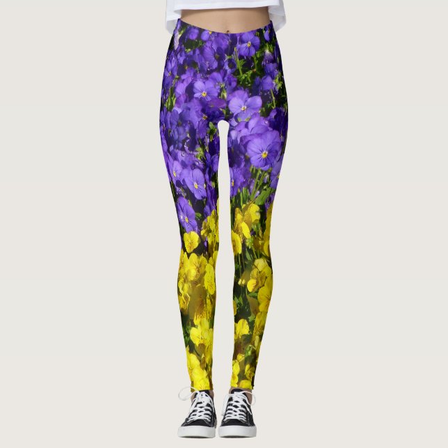Purple and Yellow Violas Colourful Floral Leggings (Front)