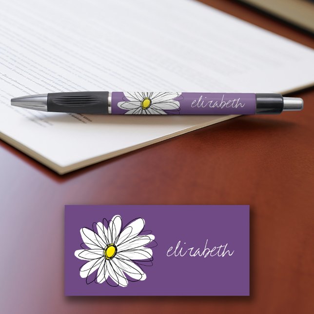 Purple and Yellow Whimsical Daisy Custom Text (Personalized writing pens - add your name or other text)